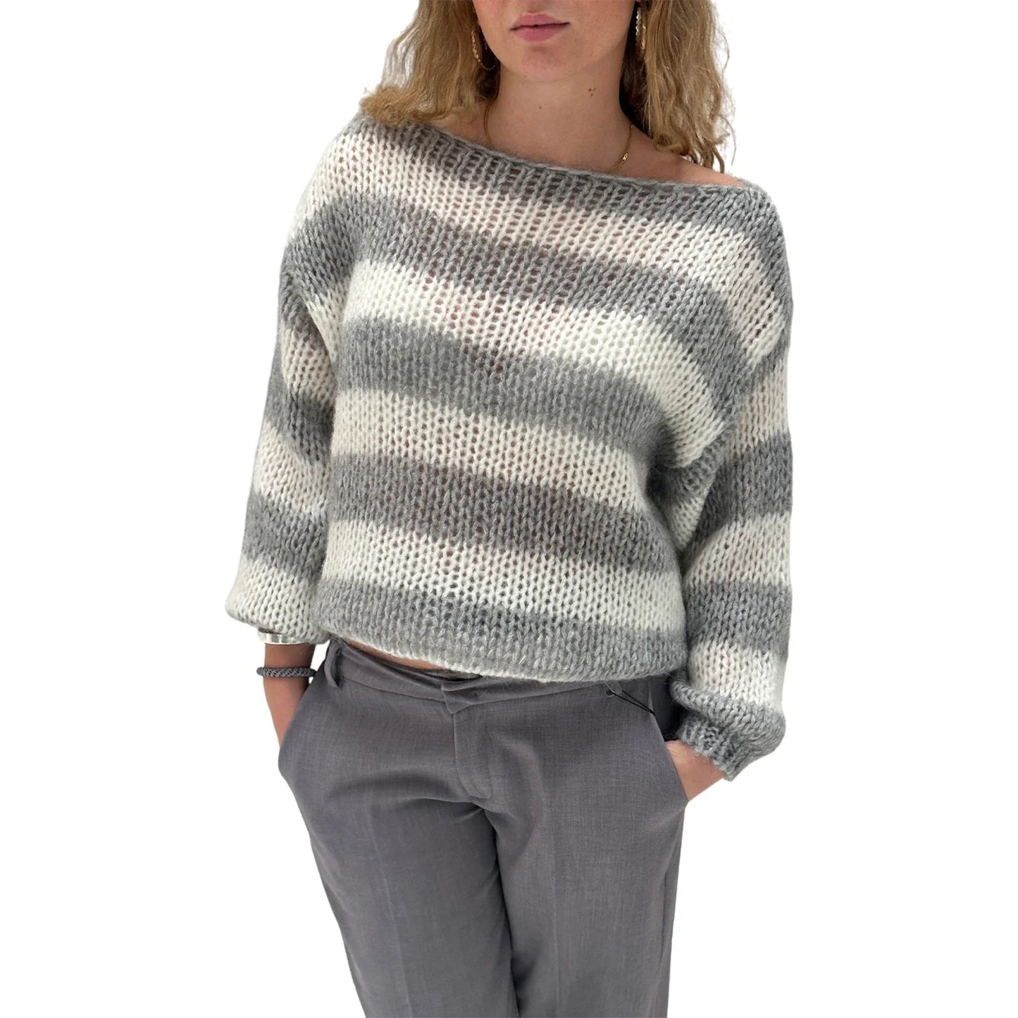 Women s Striped Sweater Vintage Loose Boat Neck Long Sleeve Pullover Tops for Fall Winter