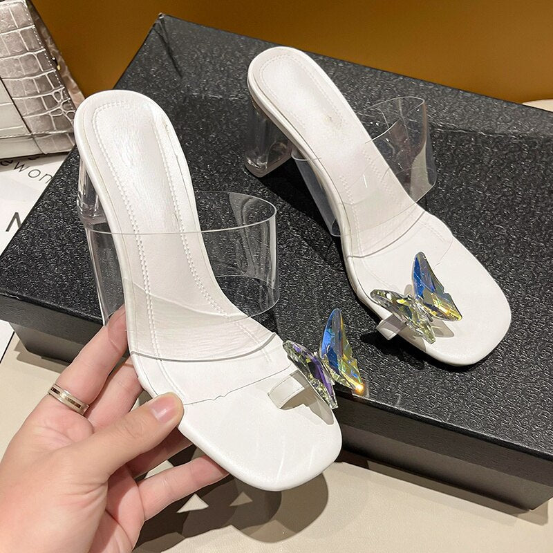 Women's Sexy Heels 2022 Summer New Transparent Butterfly Decorative PVC Crystal Slippers Fashion Open Toe Round Toe Women Pumps