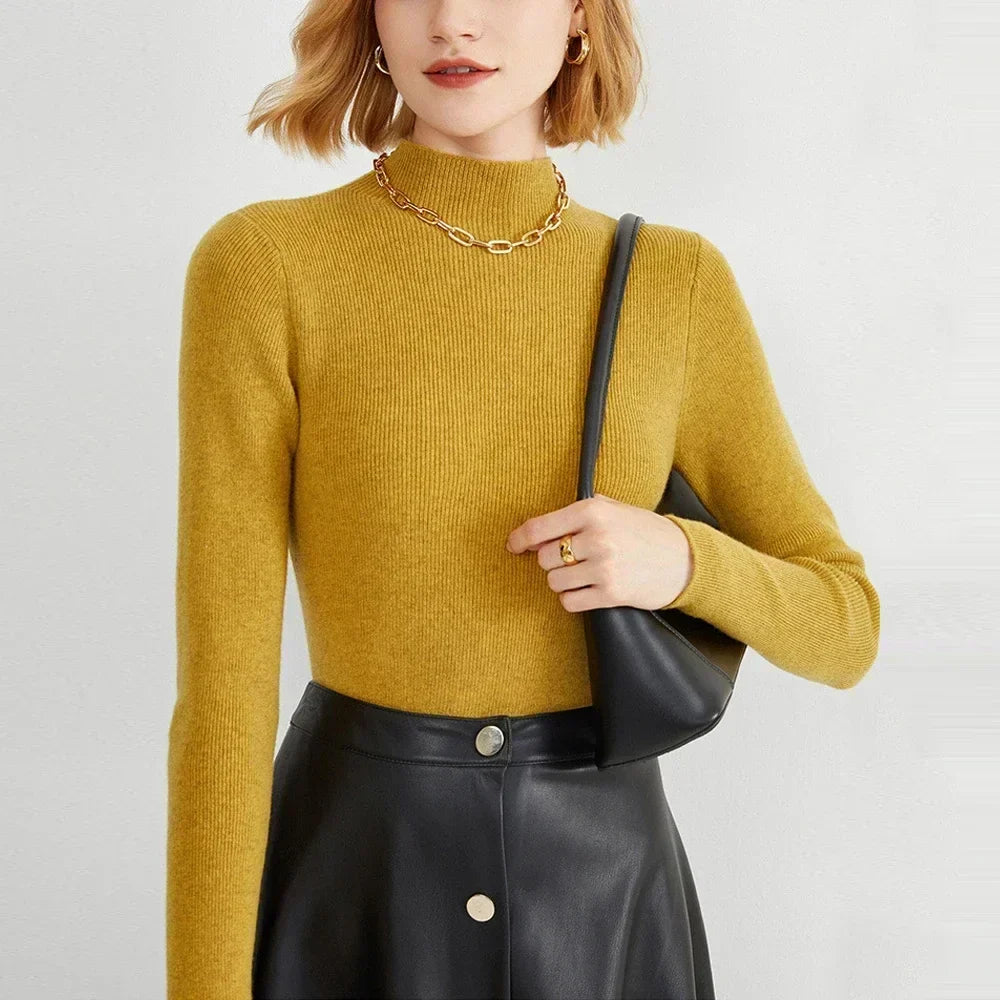 Long Sleeved Knitted Sweater Girl S-XL Red Coffee Green Yellow Half High Collar T Shirt Women Slim Tops Autumn Winter X-G-Xinde