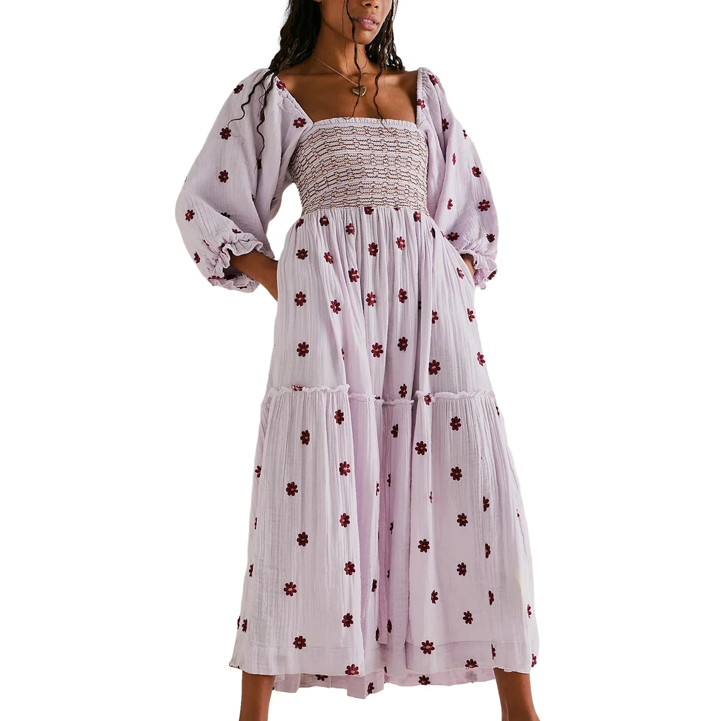 Casual Ladies Floral Print 3/4 Sleeve Loose Dress Summer Square Neck Long Dress Bohemian Women's A-Line Sundress 2023 Streetwear