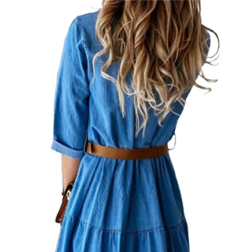 Denim Dress Three Quarter Sleeve with Belt Turn-down Collar Spring Autumn Buttons Ruffle Jeans Dresses for women 2023