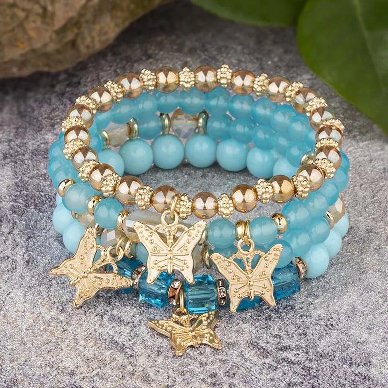 4pcs Bohemian Butterfly Charm Bracelet Set for Women Crystal Beads