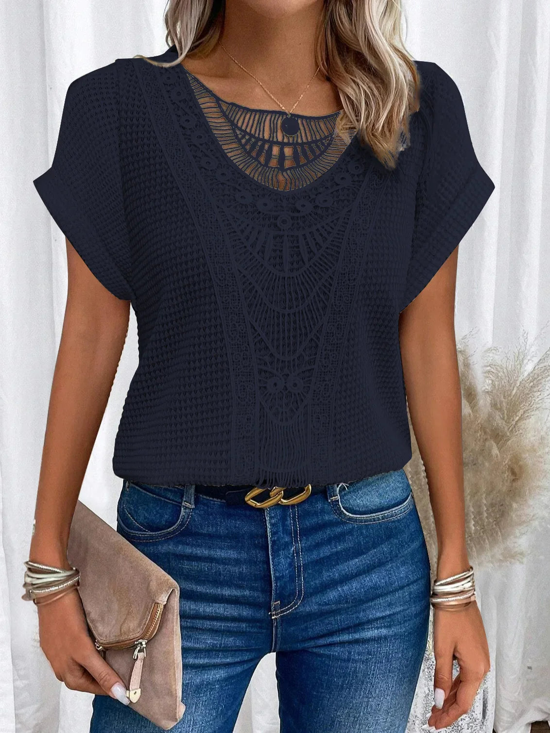Fashion Lace Stitching T-shirt For Women's Tops Summer Casual Round Neck Office Ladies Clothes Short-sleeved Loose Tees Women