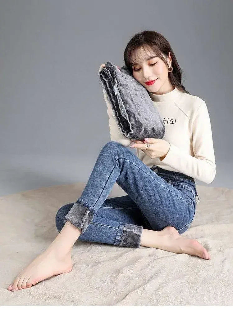New Winter Thick Velvet Women High Waist Skinny Jeans Simple Fleece Warm Slim Fit Stretch Ladies Casual Denim Mom Pencil Pants