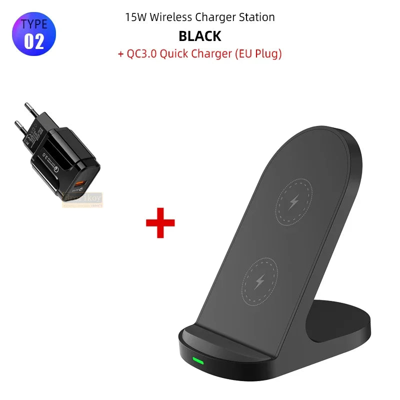 Fast Wireless Charger Stand Pad for iPhone 16 15 14 13 8 X Samsung Galaxy S24 S23 S21 S20 S10 Xiaomi Wireless Charging Station