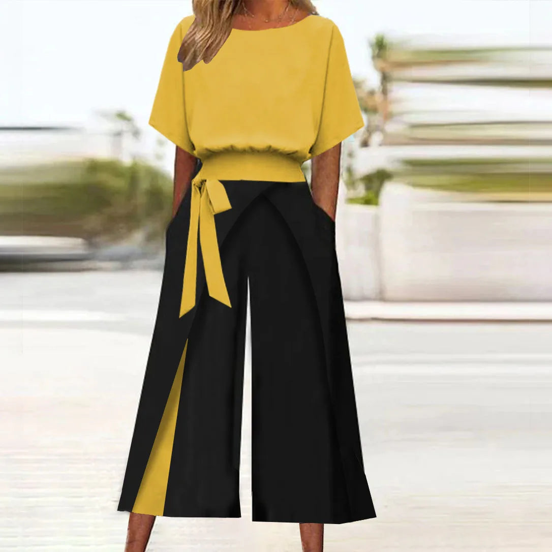 Women's Contrasting Two-piece With Solid Color Five Quarter Sleeve Top Fashionable Contrasting Lace Up Nine Quarter Pants Set