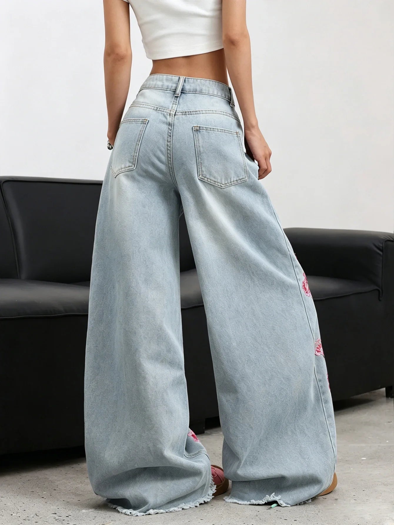 American Retro Plum Blossom Embroidery Design Blue Women's Loose Wide-Leg Jeans Y2K Street Fashion Versatile Straight Trousers