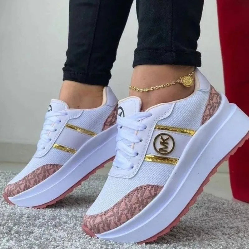Ladies New Style Trendy Casual Shoes Lace-up Flat-soled Color Matching Vulcanized Shoes Women's Tennis Running Thick-soled Shoes