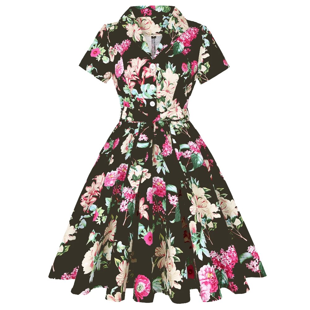 Autumn Cotton Vintage Tunic Midi Dress 50S Short Sleeve 4XL 70s Robe Swing Retro Floral Print White Rockabilly Office Vestidos