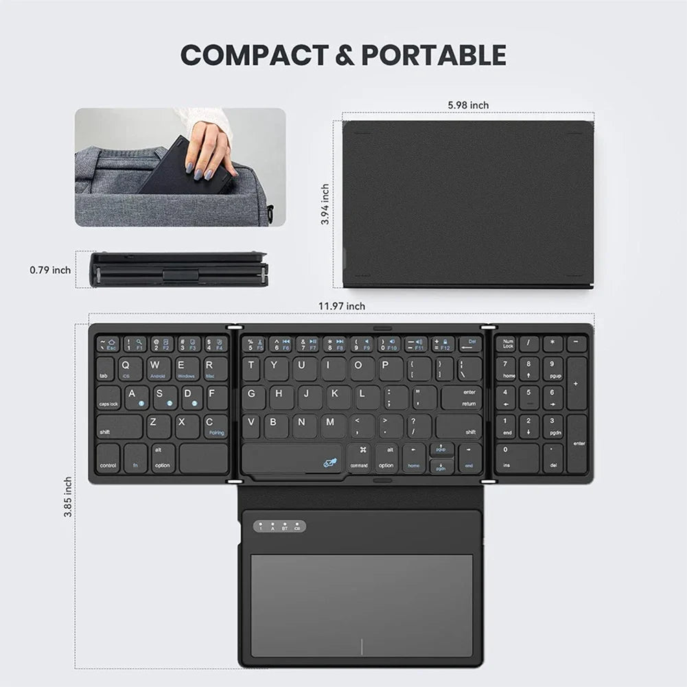 Foldable Bluetooth-Compatible Keyboard with Large Touchpad Pocket-Sized Keyboard Ultra Slim Keyboard for Android/IOS/OS/Win/HMS
