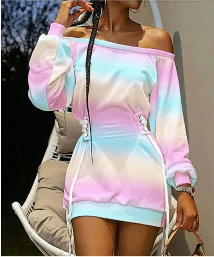 Elegant Women's Printed Dress Spring And Autumn New Style Round Neck Printed Long Sleeve Lacing Loose Mini Women's Dress