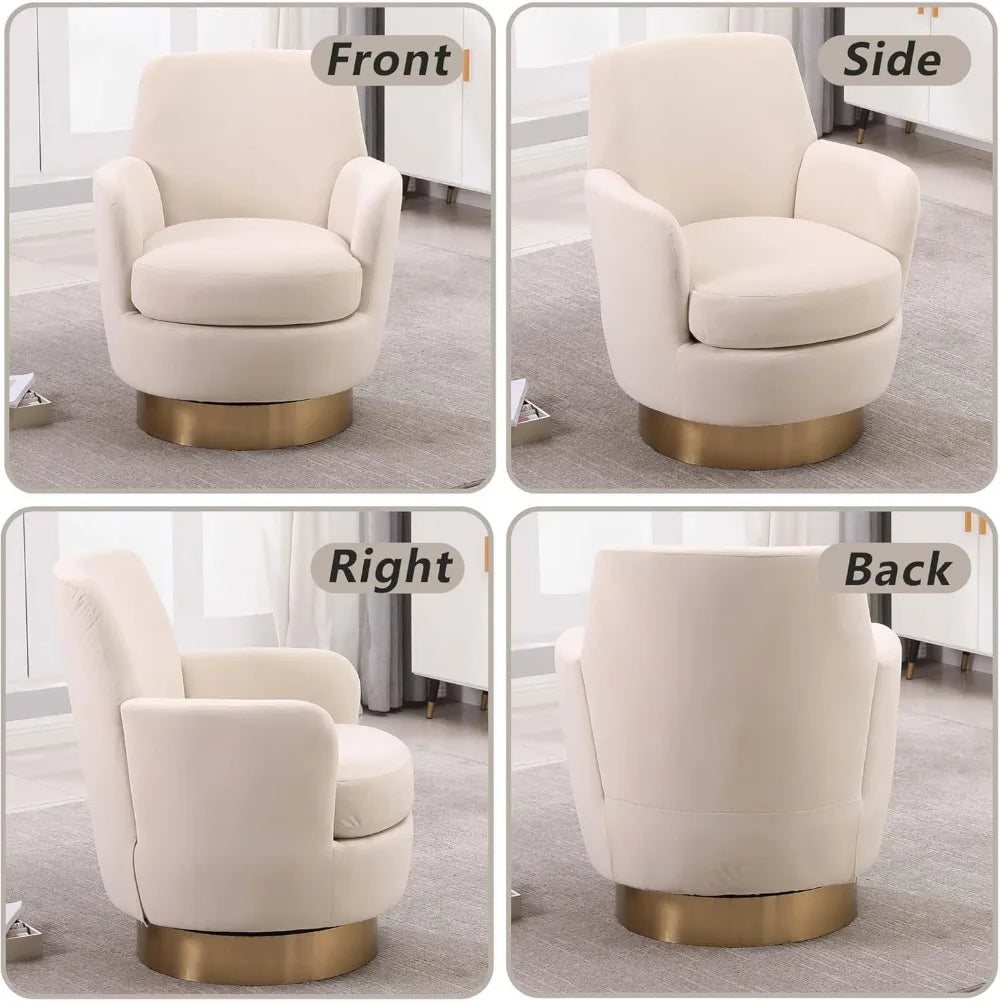 Velvet Swivel Accent Chair for Living Room, Comfy Barrel Chair with High Back, Gold Base (Beige)
