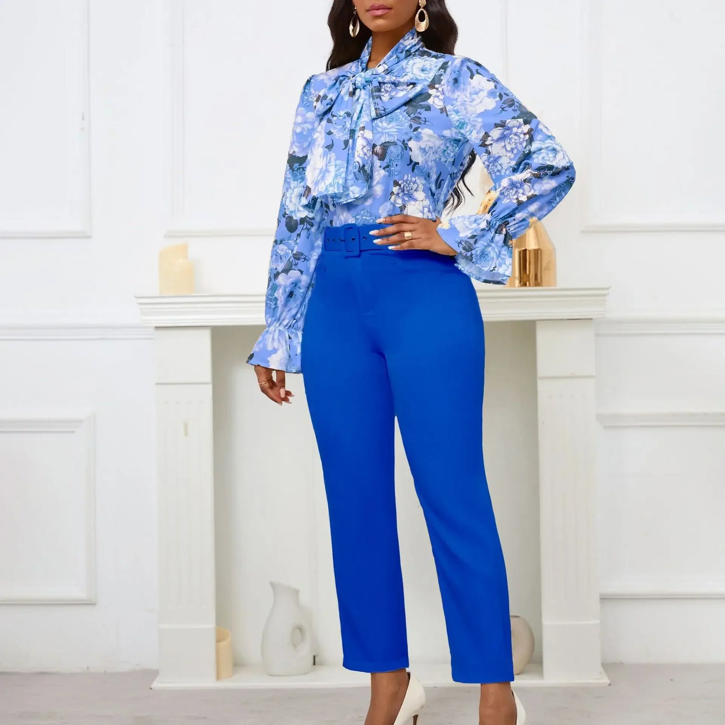 2 Piece Set African Clothes for Women Spring Africa Clothing 2024 New Plus Size Outfit Print Shirt Pants Matching Sets With Belt