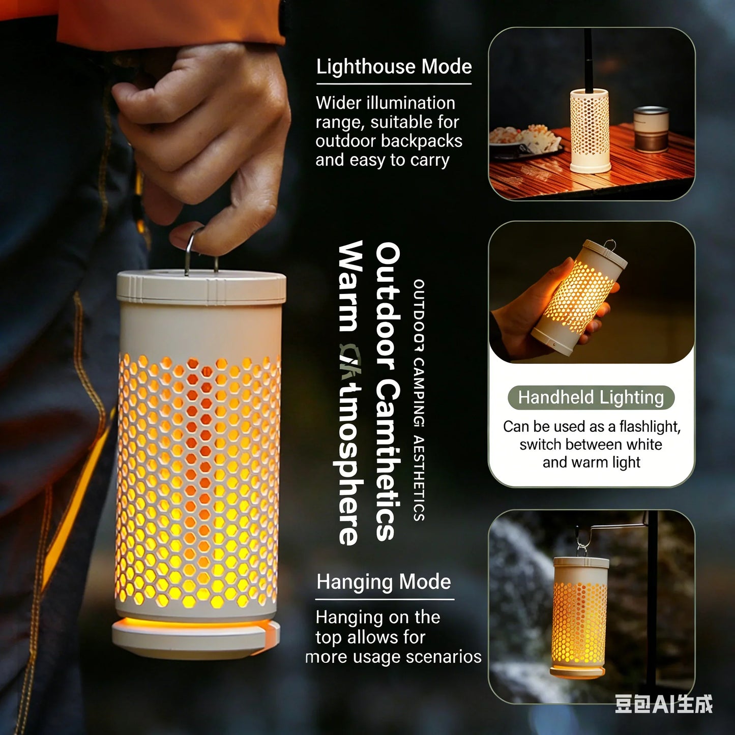 Portable Camping Lantern,Warm/Cool White,Type-C Charge,Battery Display,Retractable, 180° Rotatable,Hook,Camping/Fishing/Outdoor
