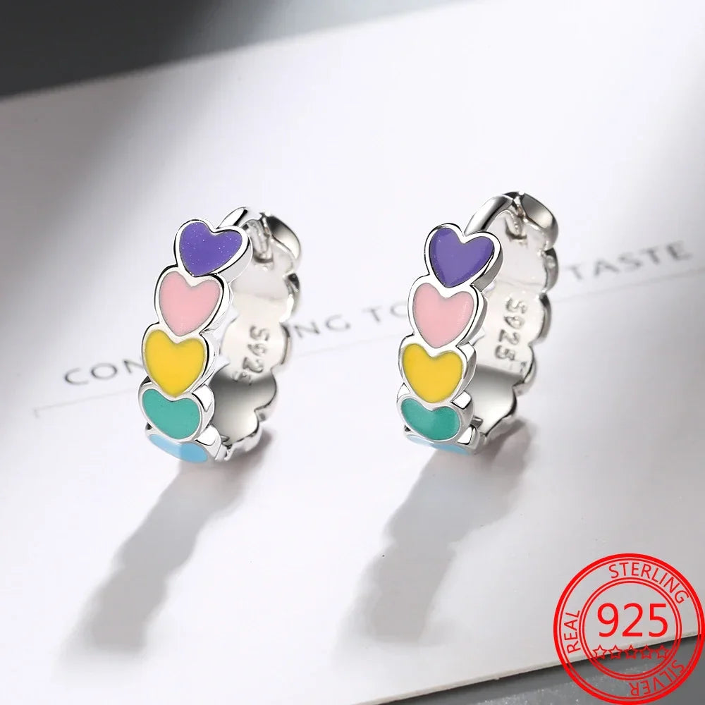 Romantic Heart Shapen Girl Earrings 925 Silver Rainbow Heart Hoop Earring Silver Jewelry Gift