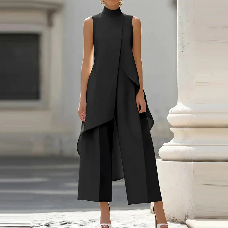 Simple Solid Color Irregular Summer Two Piece Female Stand Collar Sleeveless Top and Pants Office Suit High Street Casual Outfit