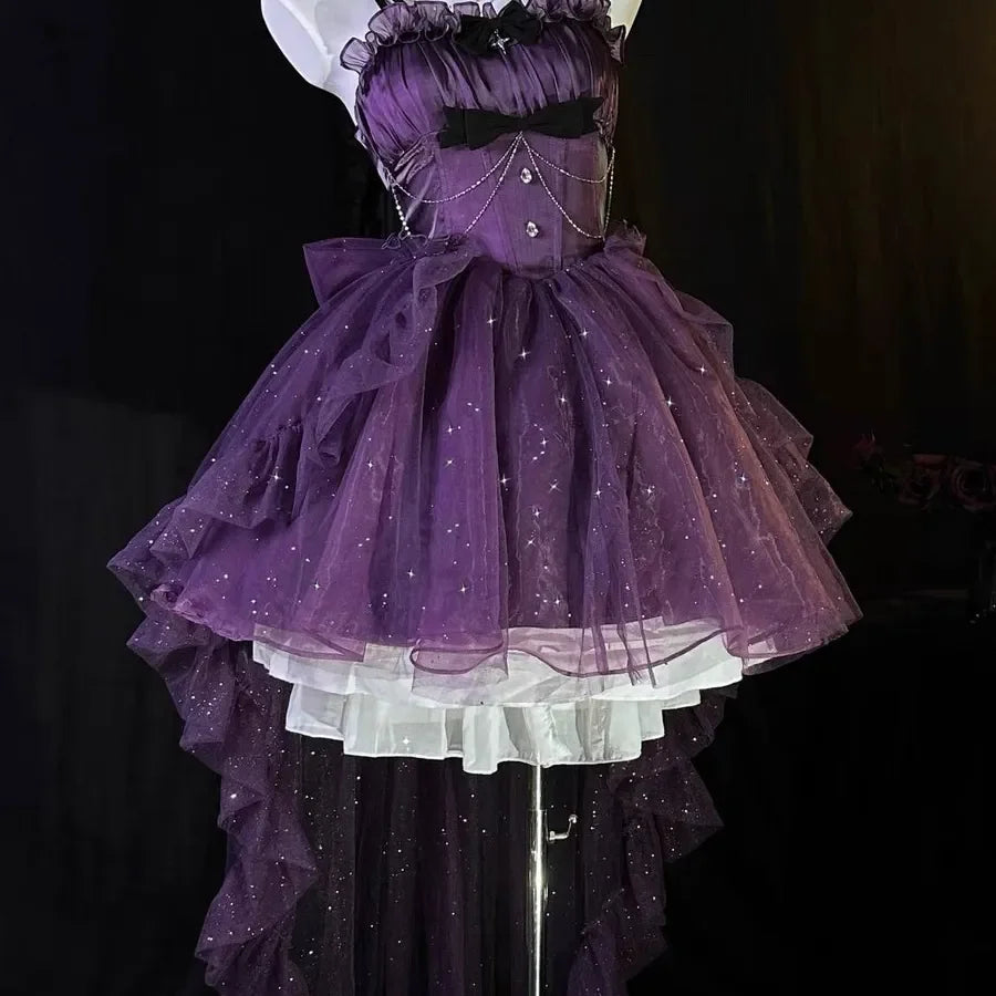 Dark Gothic Lolita JSK Mini Dress Set Women Romantic Starry Sky Shinnig Party Dresses Fairy Sweet Bow Suspender Princess Dress