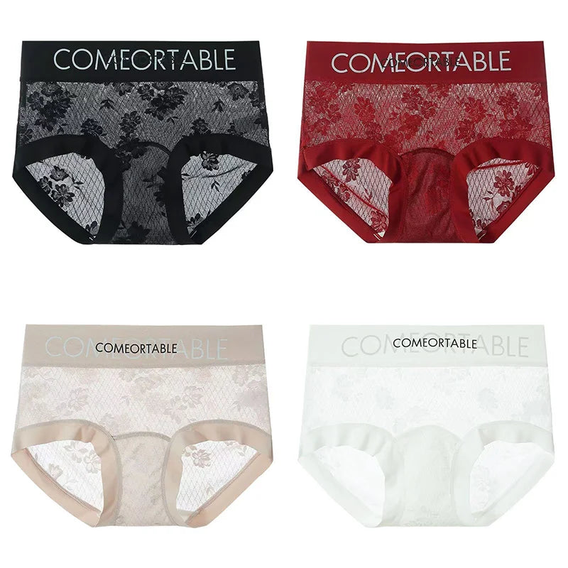 4PCS Women Seamless Panties Transparent Briefs Plus Size Lace Antibacterial Panties