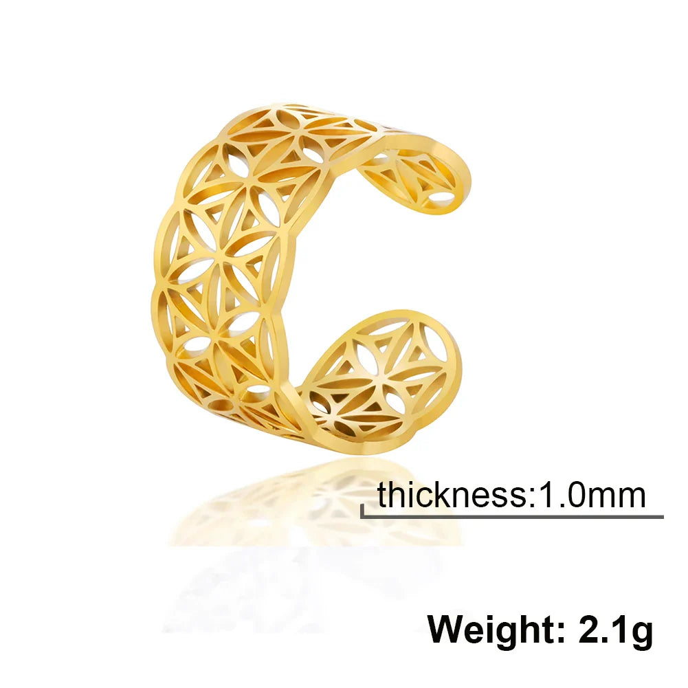 Skyrim Flower of Life Ring Women Stainless Steel Gold Color Sacred Geometry Open Adjustable Aesthetic Rings 2024 Jewelry Gift