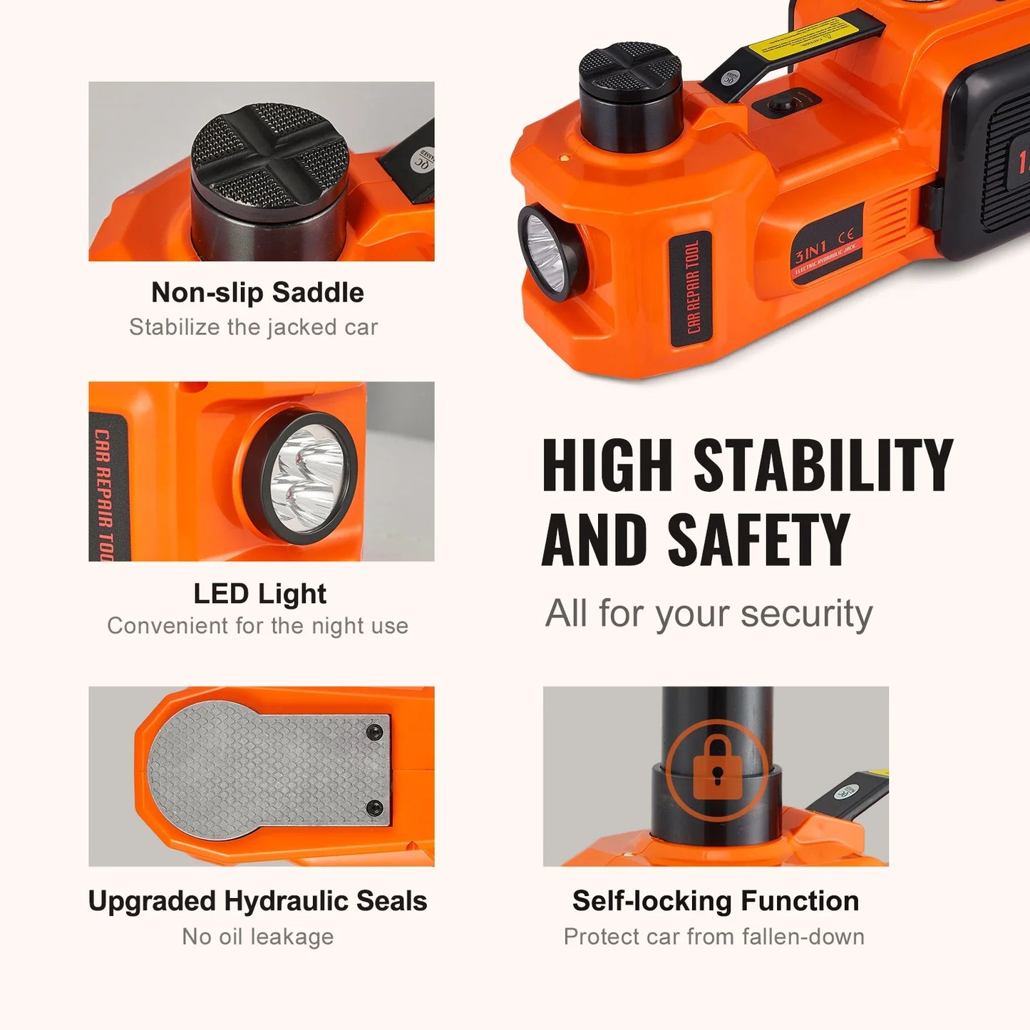 5T Electric Car Jack, Hydraulic Car Jack with Built-in Inflatable Pump LED.