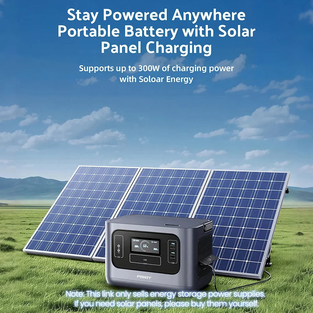 PISEN 1008Wh 1000W (2000W Peak Power) Solar Generator LiFePO4 Battery Portable Power Station for Home Backup, Hurricane Emergency, Outdoor Camping / RV/Garden Party