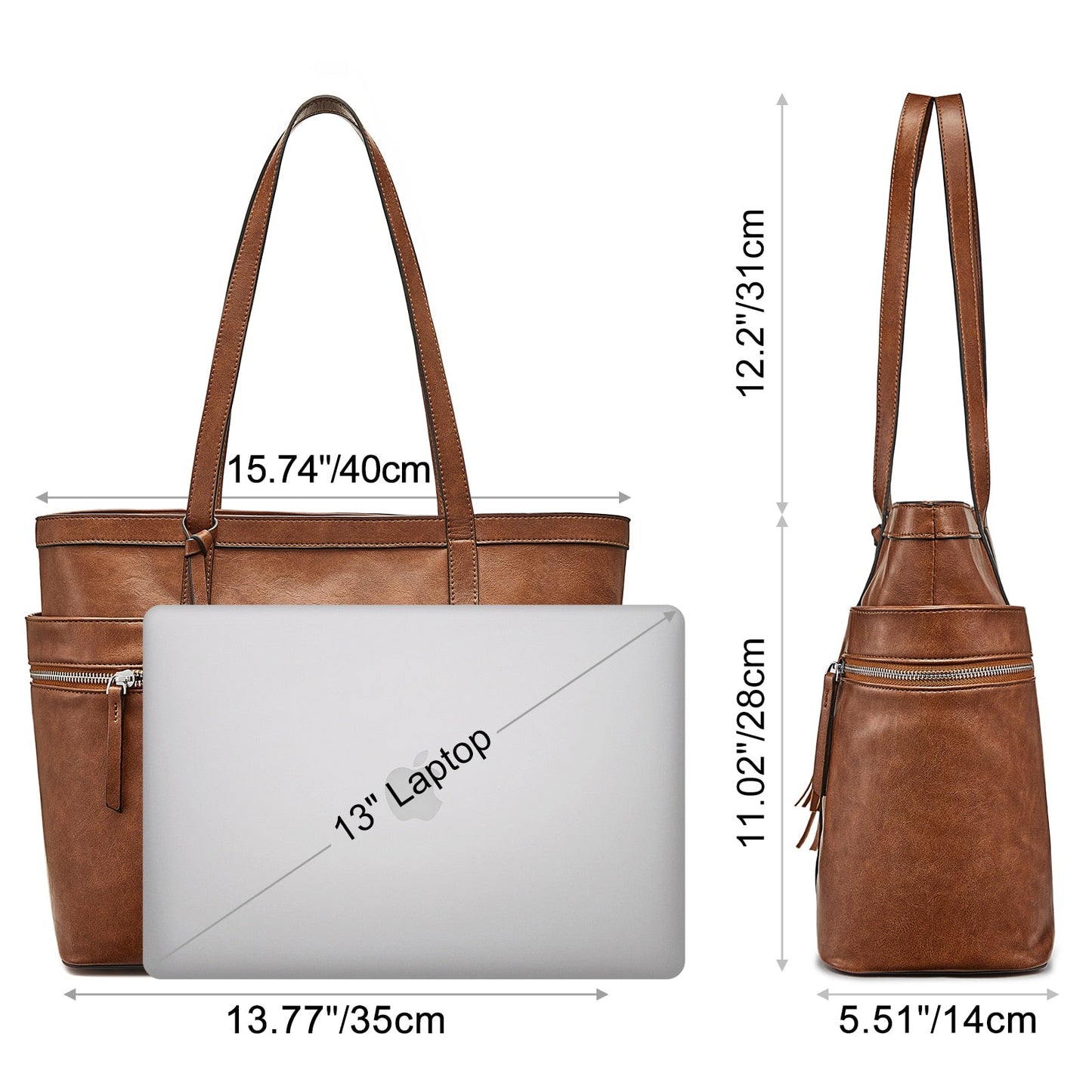 S-ZONE Women Leather Tote Multi-Pocket Large Shoulder Bag Ladies Work Handbag Purse with Tassel
