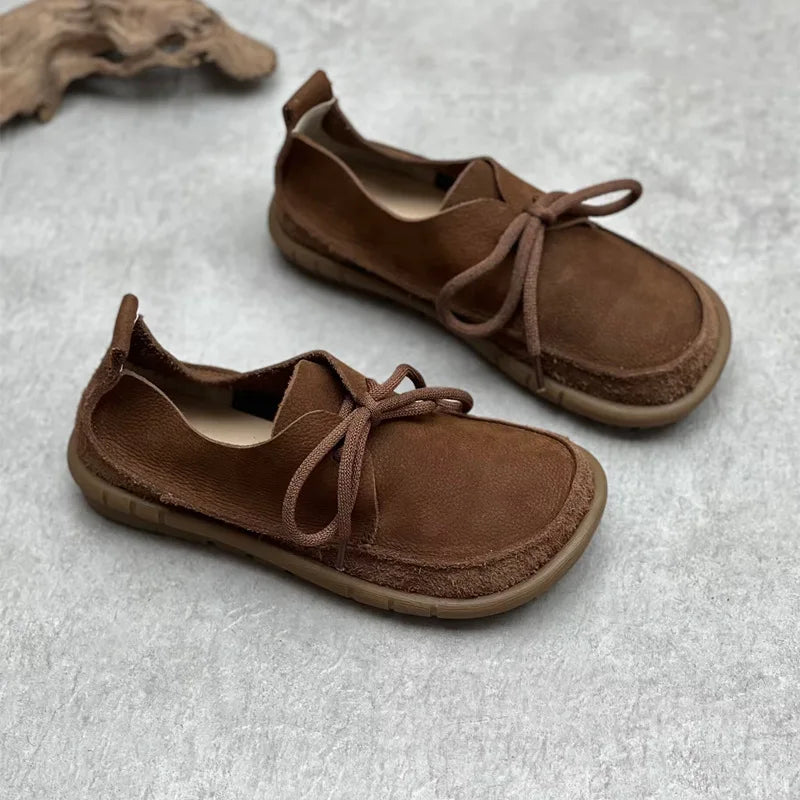 Johnature Handmade Genuine Leather Flats 2026 New Women Shoes Round Toe Shallow Soft Sole Loafers Retro Solid Color Shoes