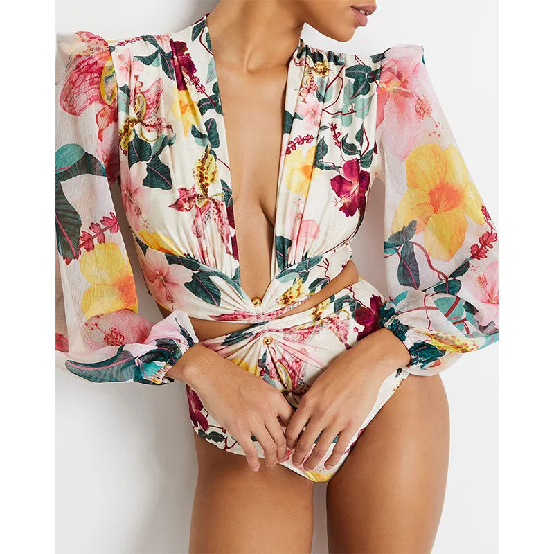 Nadanbao Sexy Bodysuit Swimsuit Women Hollow Out Two-Piece Bikini Set Female Long Sleeve Floral Print Fashion Surfing Beachwear