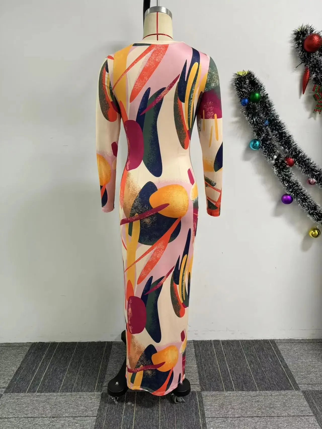 CM.YAYA Women Printed Cutout Front Long Sleeve O-neck Bodycon Midi Maxi Dress Evening Party Night Club Holiday Dresses Vestidos