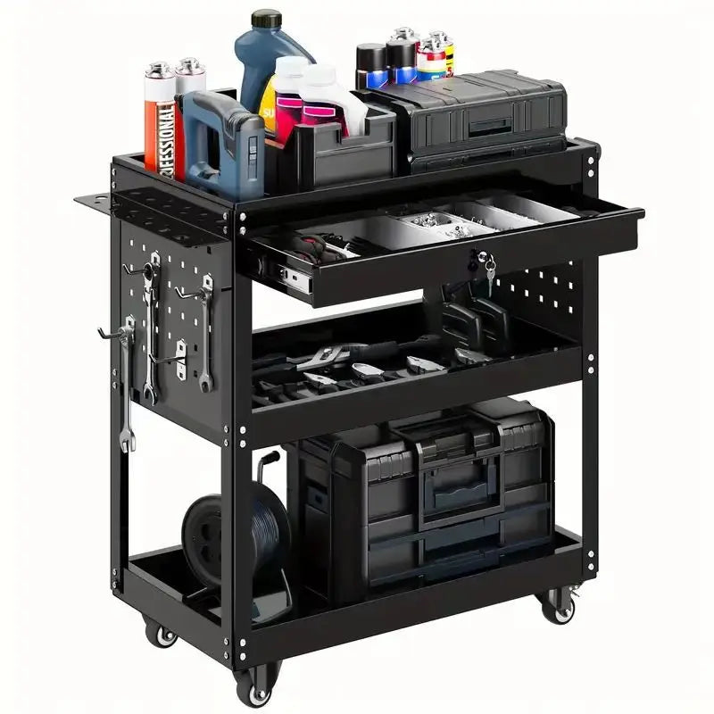 3-layer heavy-duty rolling tool storage vehicle - industrial organizer rack with wheels