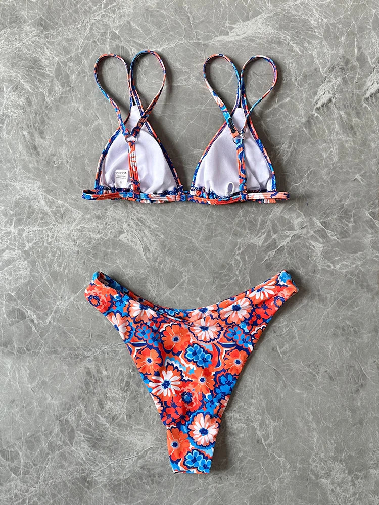 2024 New Sexy Low Waist Bikini Set Two Piece Swimwear Women Swimsuits Print Floral Strappy Bathing Suit Beach Wear biquini Mujer