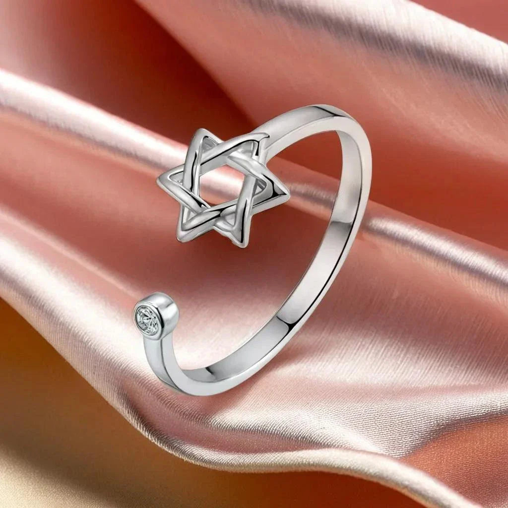 YILUOCD Hollow Hexagon Zircon Jewish Ring for Women Magen Star of David Adjustable Rings Promise Jewelry Gift