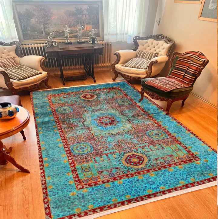 Dark Red Afghan Rug Vintage Distressed Style Washable Area Carpet