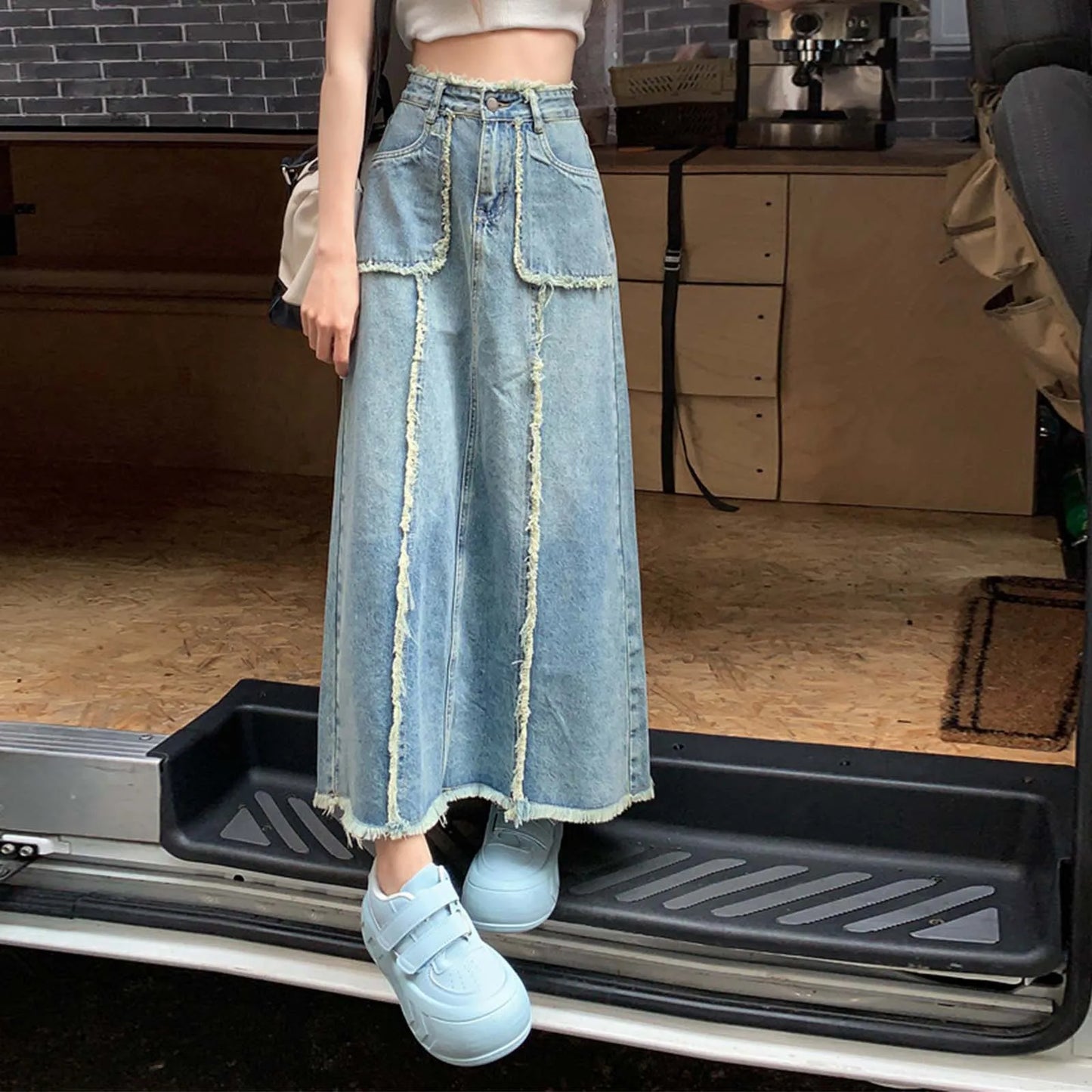 Retro High Waist Denim Skirt For Women Streetwear Y2k Korean Style Skirt Splicing Raw Edge Jeans With Pockets Large Size Skirt