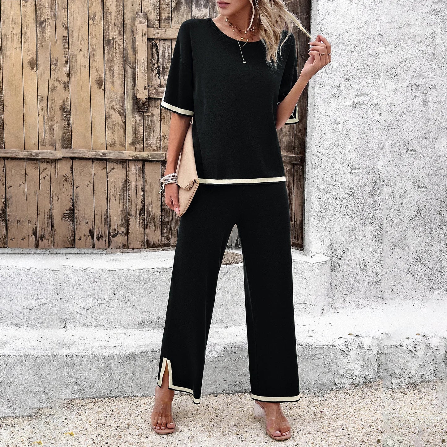Fashion Women's Clothing 2024 Spring and Summer Casual Short-Sleeved Wide-Leg Pants Knitted Suit Костюм Женский