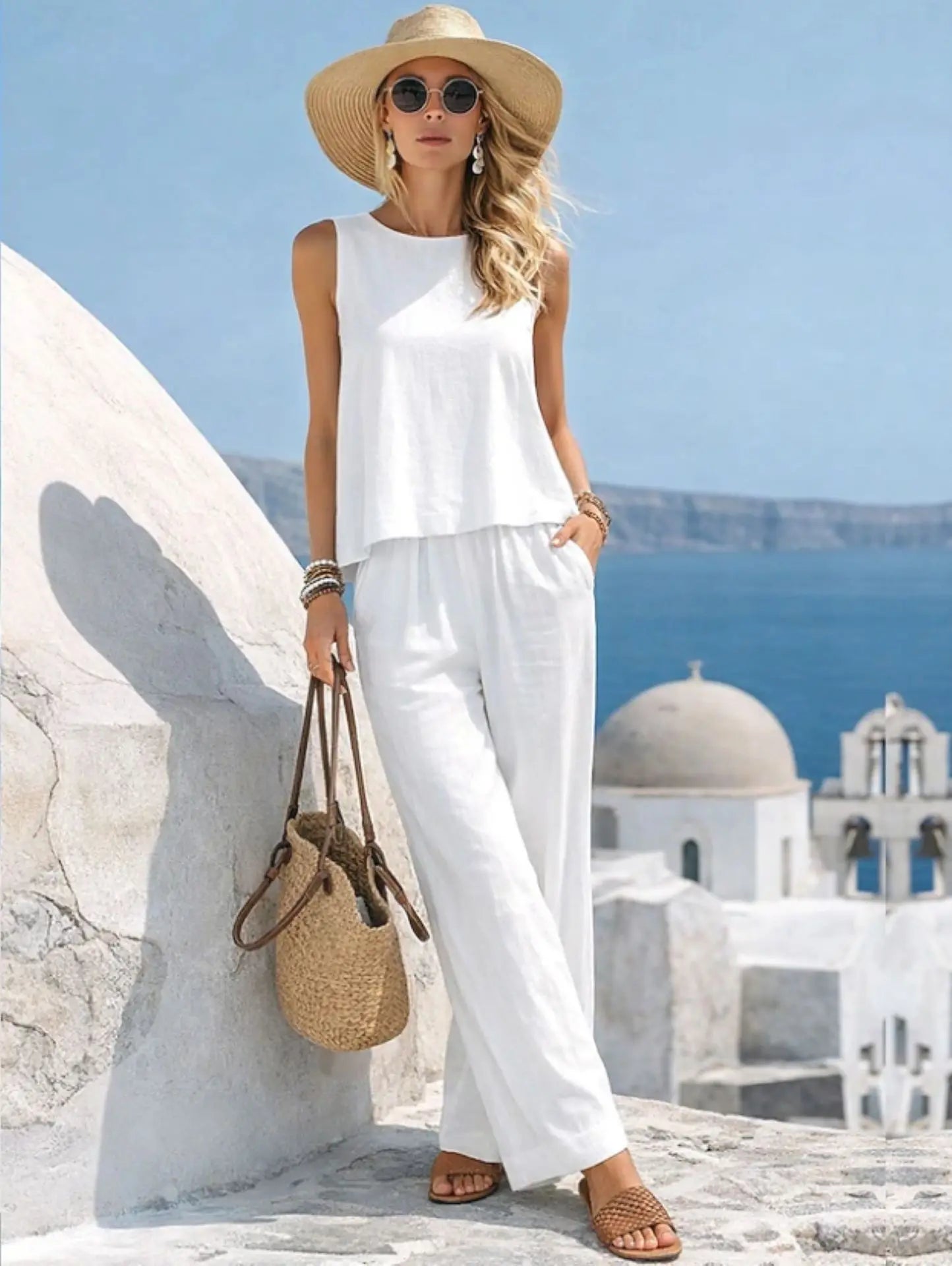 Women Vacation 2 Piece Outfit Sleeveless Tank Loose Top Pockets Wide Leg Pants Cotton Linen Blend Casual Summer Beach Wear