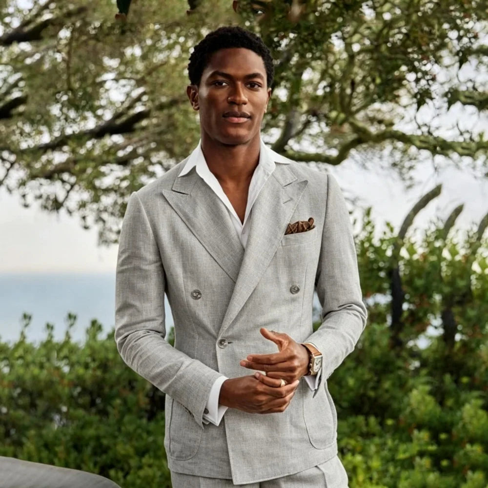 Summer Linen Double Breasted Suits for Men 2 Pieces Separates Blazer Pants for Beach Wedding Casual Party Guest Men Suits 2026