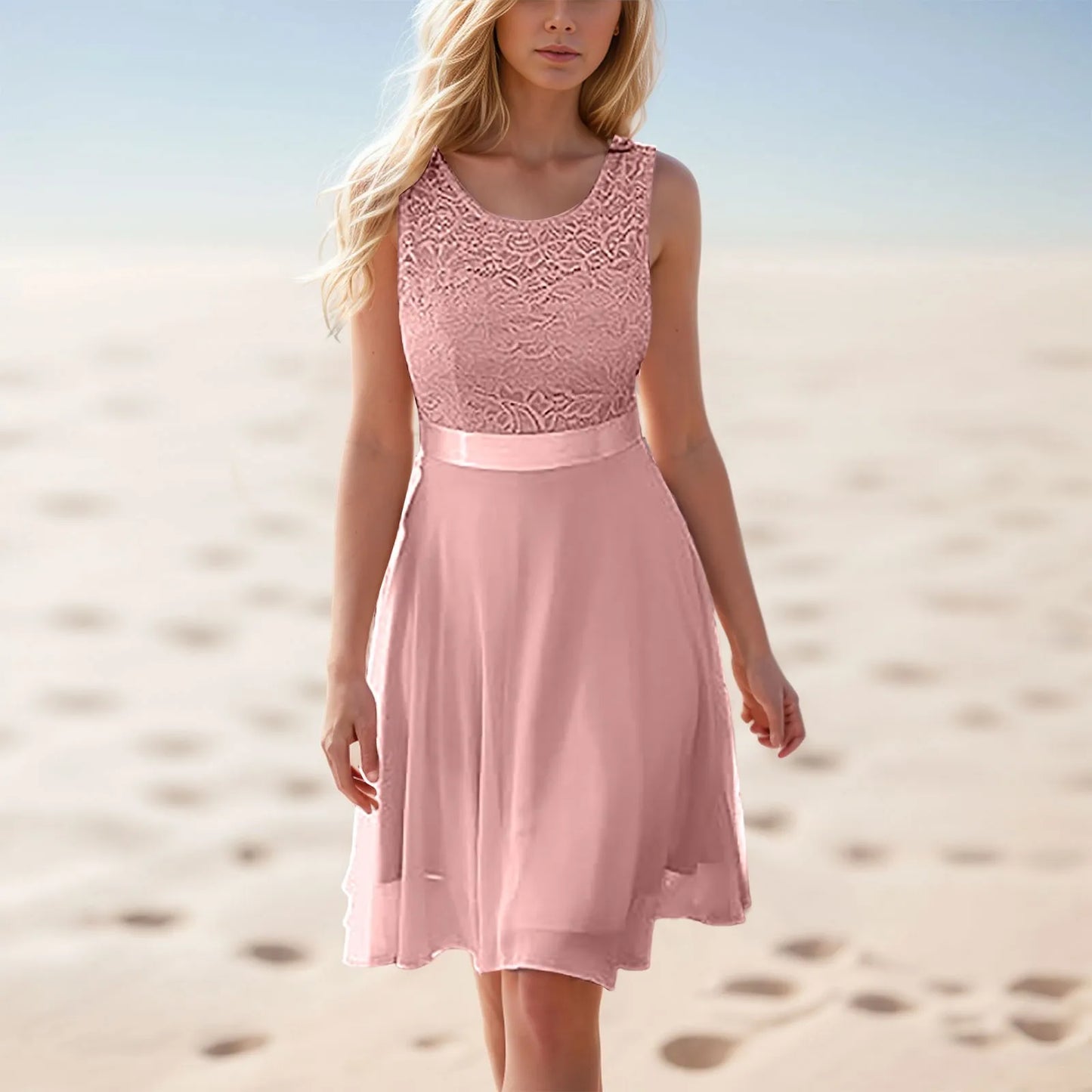 Summer Lace Trim Sundress For Ladies New Waisted Solid Color Sleeveless Lace White Dress Holiday Beach Dresses Party Vestidos