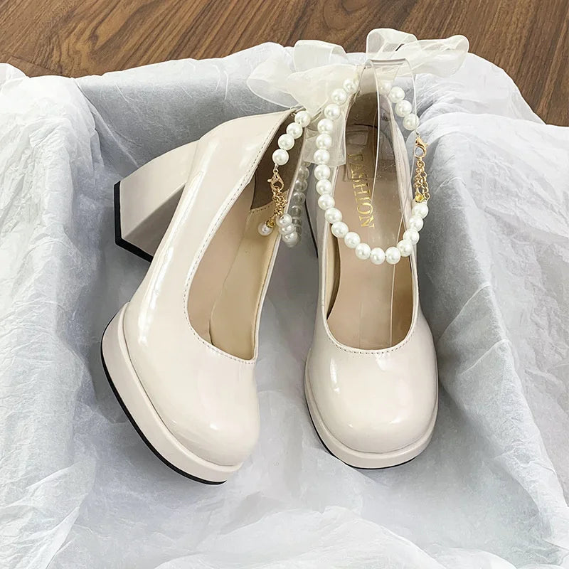 Oulylan Women High Heels Elegant Bow Square Toe Black Fashion Pumps Thick Heel Wedding Party Pearl Lace Wedding Shoes Ladies