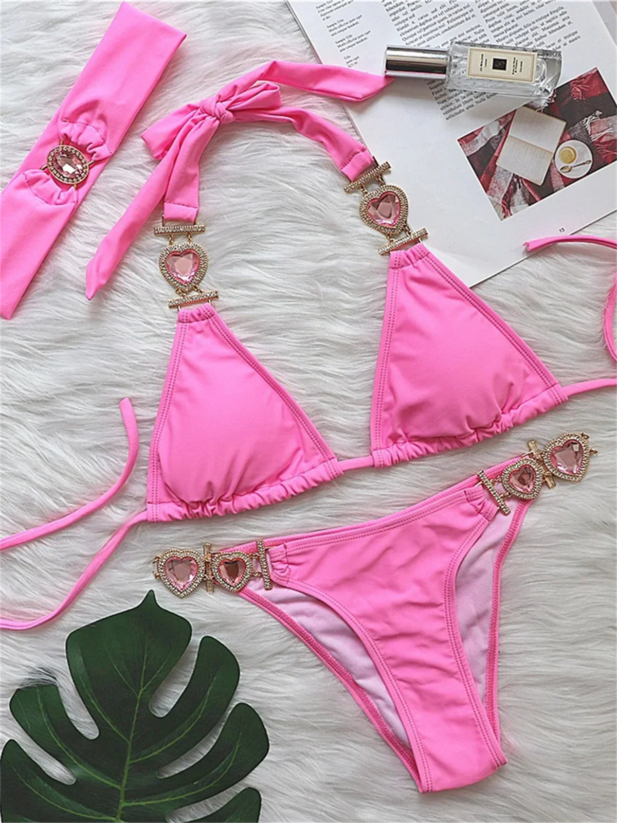 Sexy Rhinestones Bikini 2024 Mujer Women Solid Red Glitter Diamond Thong Swimwear Metal Chain Bathing Suit Band 3 Piece Swimsuit