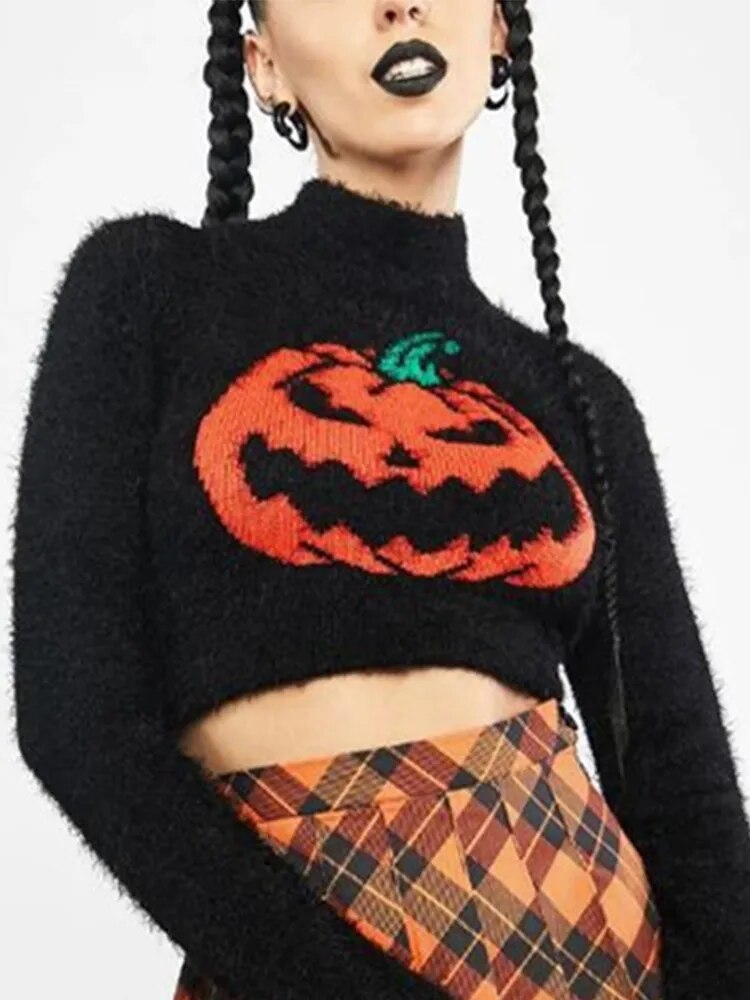 Halloween Sweater Turtleneck Pullover Crop Long Sleeves Halloween Grunge Top