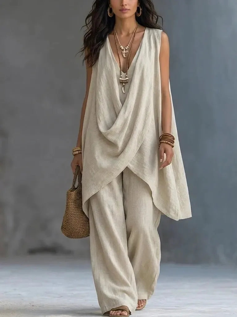 Fashion Summer Sexy Loose Solid color Linen 2 Piece Set Draped Sleeveless Top High Waist Wide Leg Pants Outfit Vacation Women