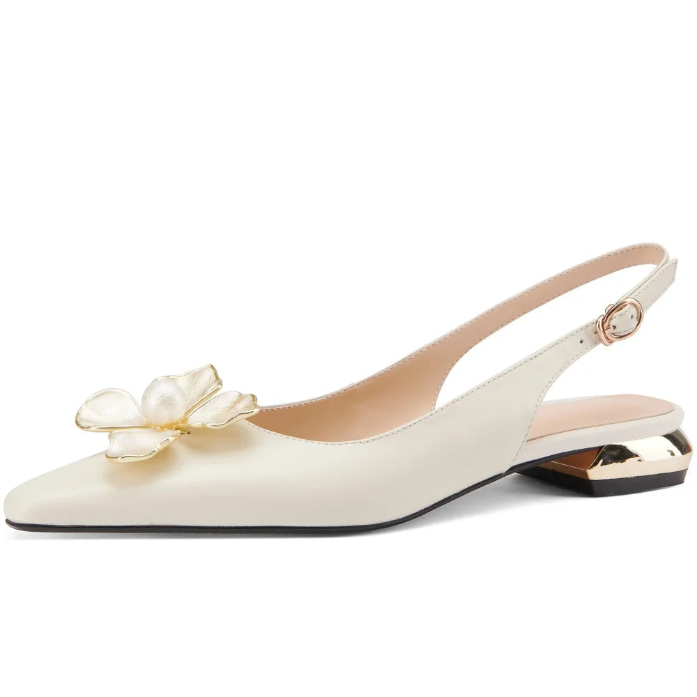 【JOCHEBED HU】Female Flats Shoes Genuine Leather Spring Autumn Women Shoes Metal Flower Pointed Toe Flat Heels Big Size 34-43