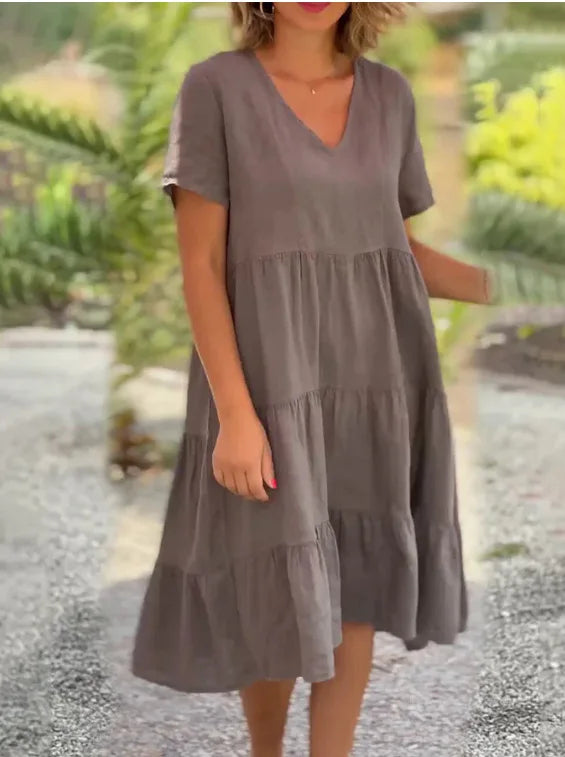 Cotton And Linen Casual Women's Dresses 2023 Spring/Summer Sweet Short Sleeve Solid V-neck Large Swing Loose Dress S-5XL