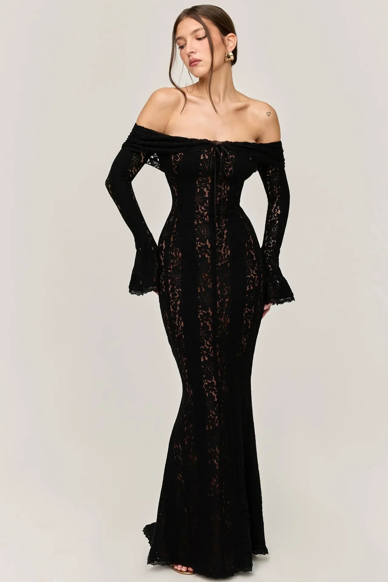 Hollow Out Lace Backless Slim Long Dress Women Strapless Lace Up Off Shoulder Dresses Chic 2025 New Sexy Female Party Club Robes