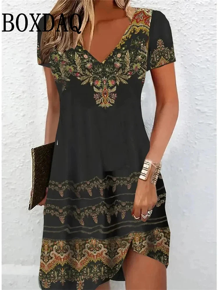 2024 Retro Women Dresses Ethnic Style Floral Print Loose Midi Dress Plus Size Casual Short Sleeve Pullover V-Neck Dress Sundress