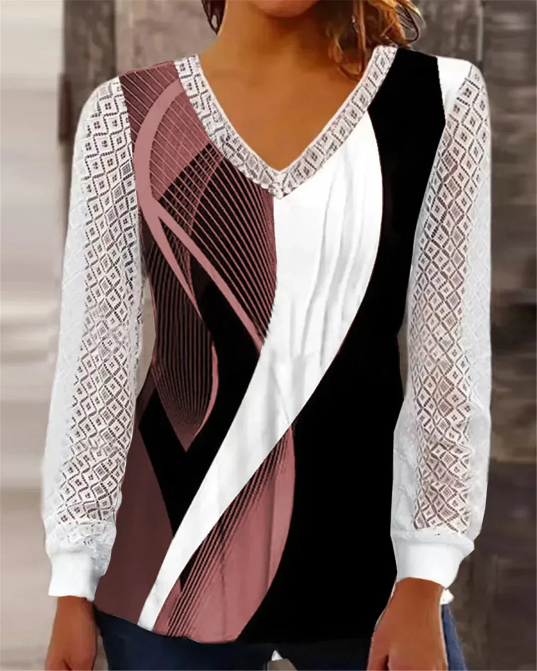 Fall Winter 2024 New V-neck Loose Geometric Pattern Print Fashion Openwork Lace Top Casual Sexy and Elegant Perspective Quilting