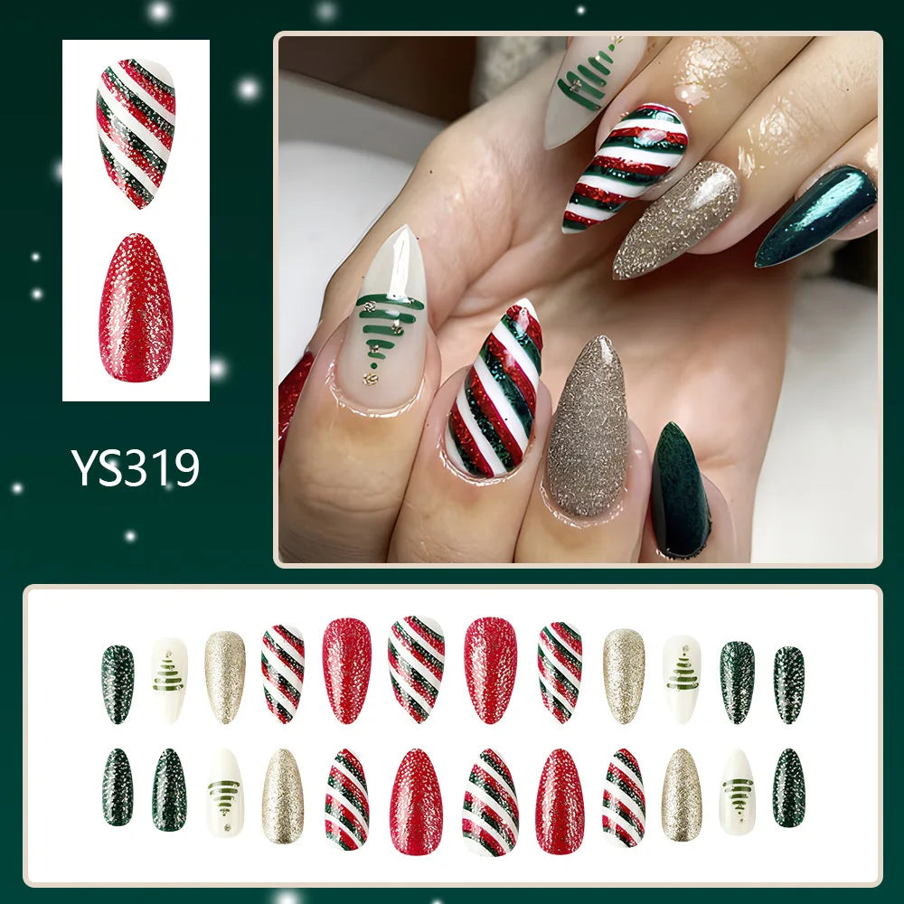 24pcs Long Ballet Christmas False Nails Cute Gingerbread Xmas Tree Fake Nails Women Wearable Full Cover European Press on Nails