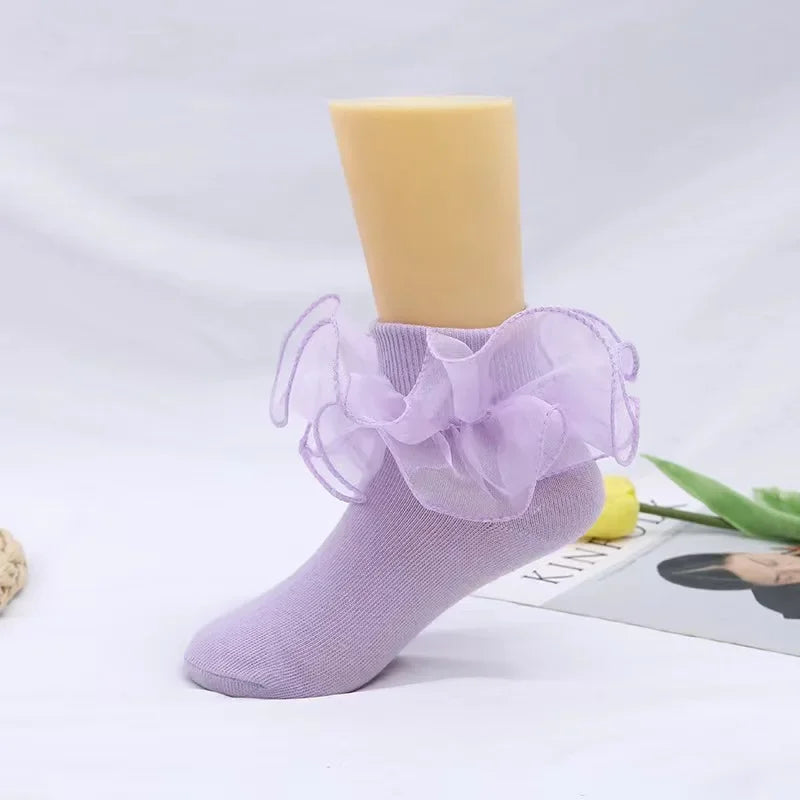 1 Pair Girls' Puffy Lace Socks Children's Combed Cotton Lace Socks