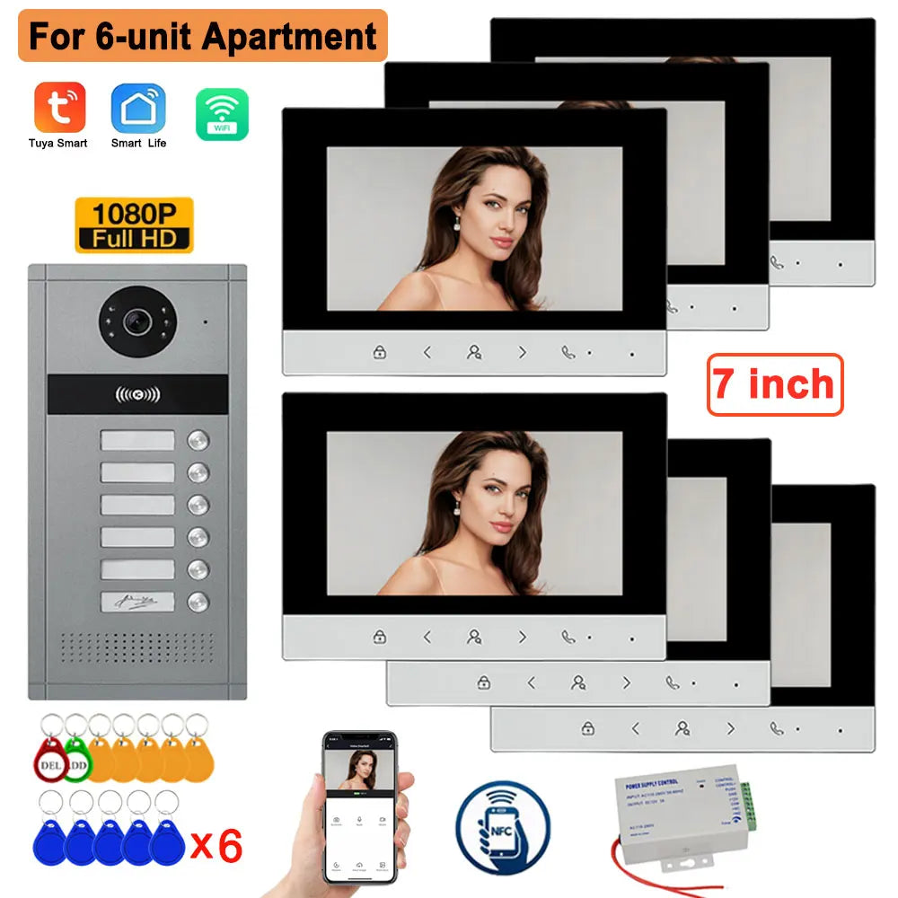 4 Wire 7 inch LCD WiFi Tuya Video Doorphone HD Camera Doorbell Intercom RFIC NFC APP Unlock System 4/6/8/10/12 Unit Apartments